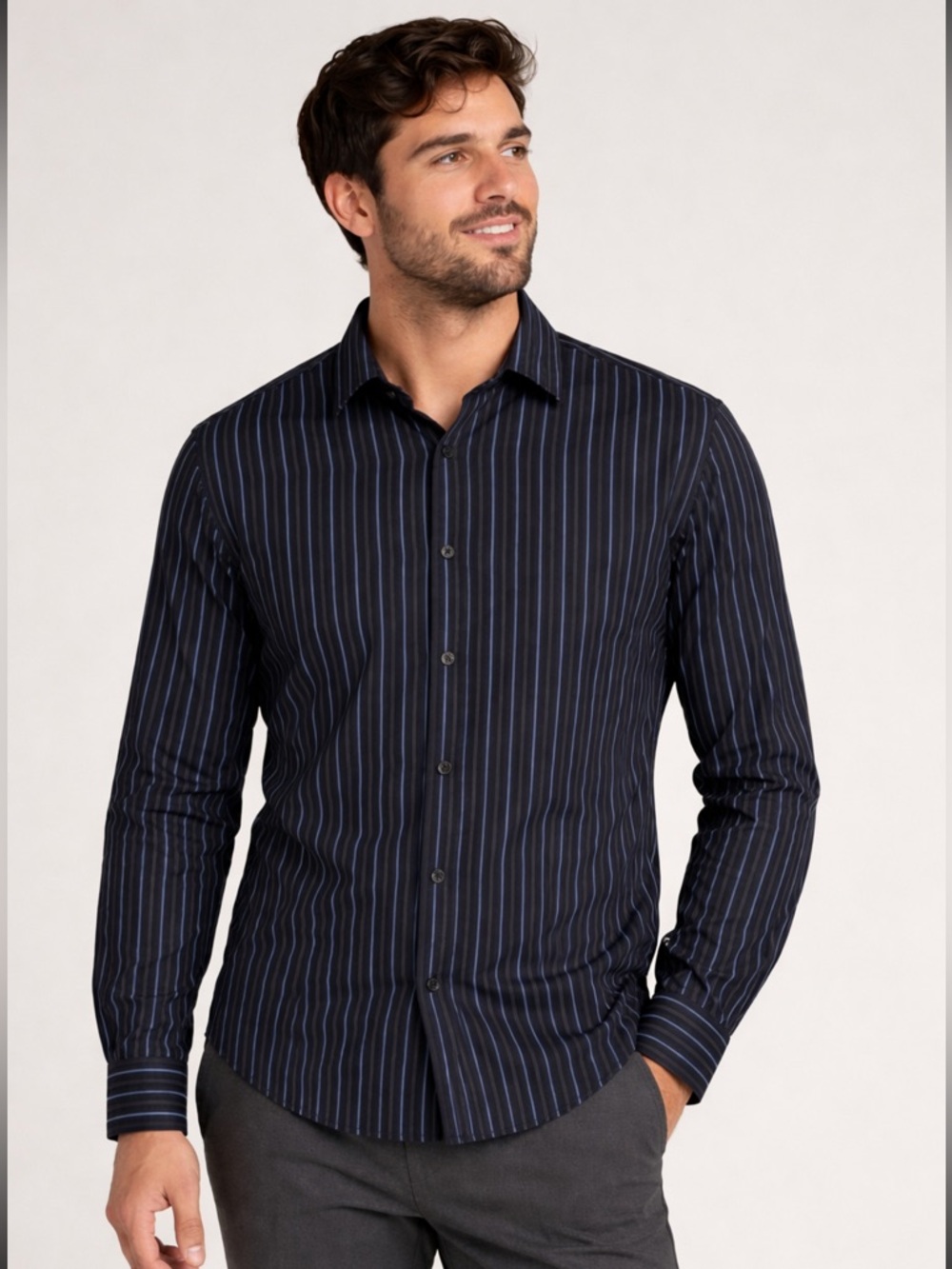 Structure Men’s Black Blue Striped Button Down Shirt 100% Cotton M